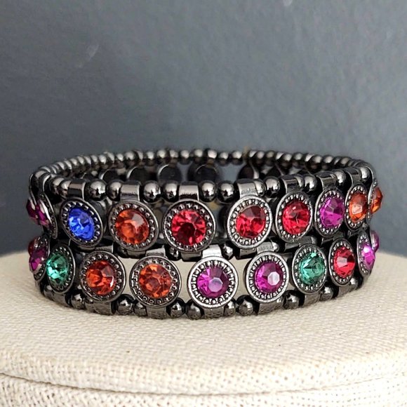 Hematite stretch bracelet with jewel toned beads - Picture 5 of 10